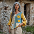 Retro Bohemian Art Patchwork Ukraine Sunflower Print Cotton And Linen Blend Loose Blouse artswardrobe