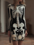 Comstylish Women Halloween Human Anatomy Art Flower Round Neck Black Dress