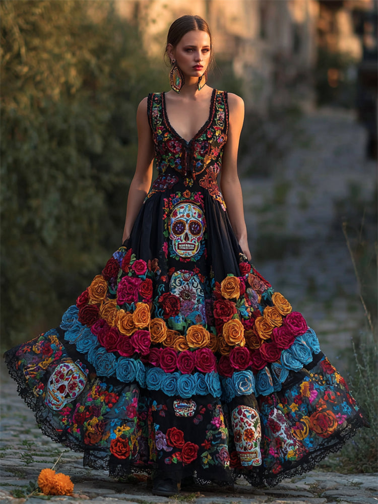 Comstylish Day Of The Dead Sugar Skulls Colorful Roses Flowy Maxi Dress