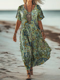 Women's Retro Paisley Floral Art Print Pocket Cotton Dress