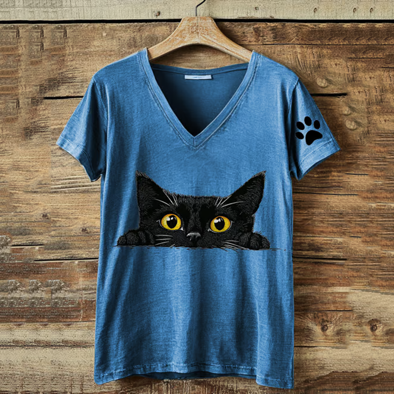 Abstract Creative Cute Cat Printed V Neck T-shirt elevenforest