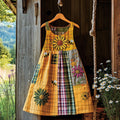 Vintage Sunshine Floral With Bees In Plaid Embroidered Cozy Linen Midi Dress artswardrobe