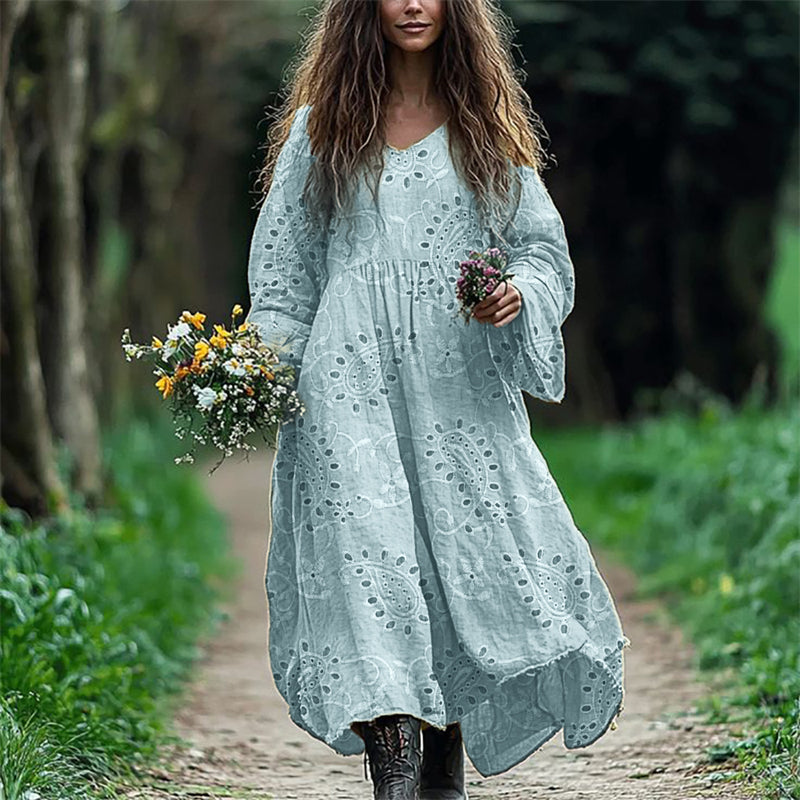 Vintage Western Paisley Floral Embroidered Lace Flowy Linen Dress artswardrobe