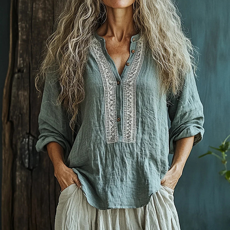 Comstylish Bohemian Linen Floral Art Print Long Sleeve Shirt