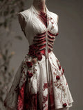 Comstylish Halloween Bloody Red Roses Glitter Rib Cage Linen Dress