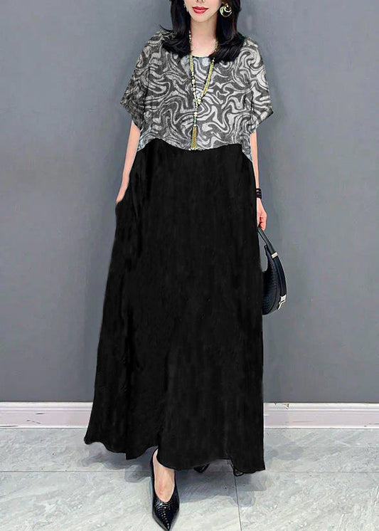 Black Texture O Neck Pockets Print Patchwork Silk Long Dresses Summer