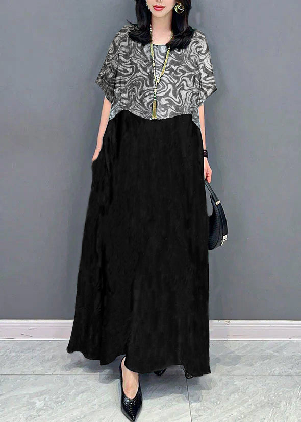 Brown Geometry O Neck Pockets Print Patchwork Silk Long Dresses Summer