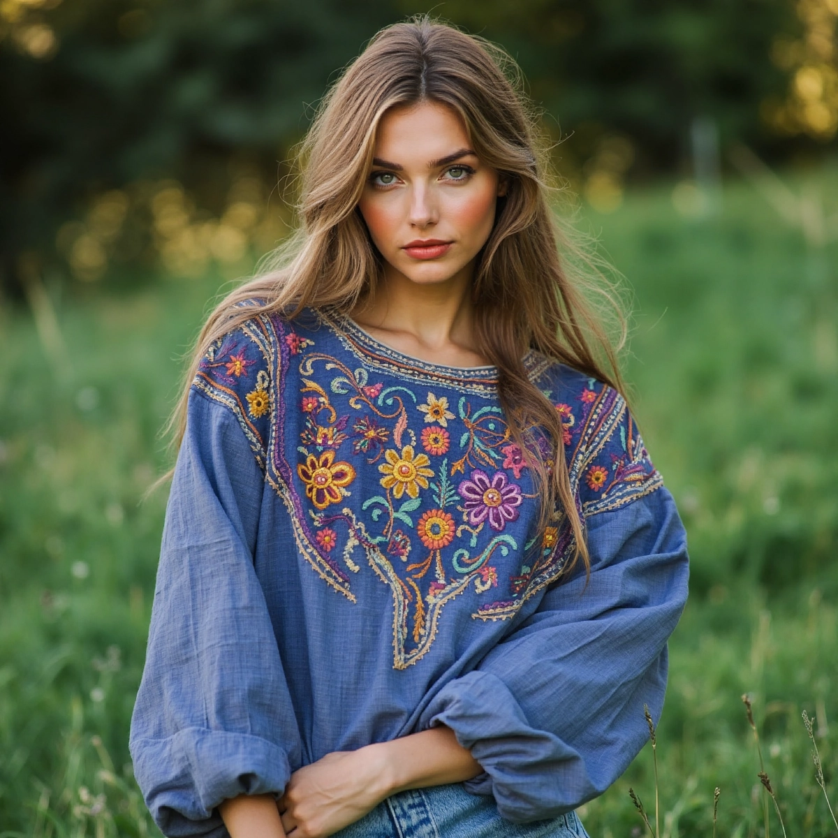 Comstylish Retro Floral Embroidery Print Cotton And Linen Blend Loose Blouse