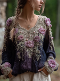 Comstylish Bohemian Style Round Neck Long Sleeve 3d Purple Flower Design Cotton And Linen Top For Women