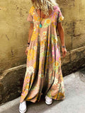 Women's Hippie Art Floral Print Round Neck Short Sleeve Dress