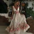 Vintage Floral Art Embroidered Linen Sleeveless Maxi Dress artswardrobe