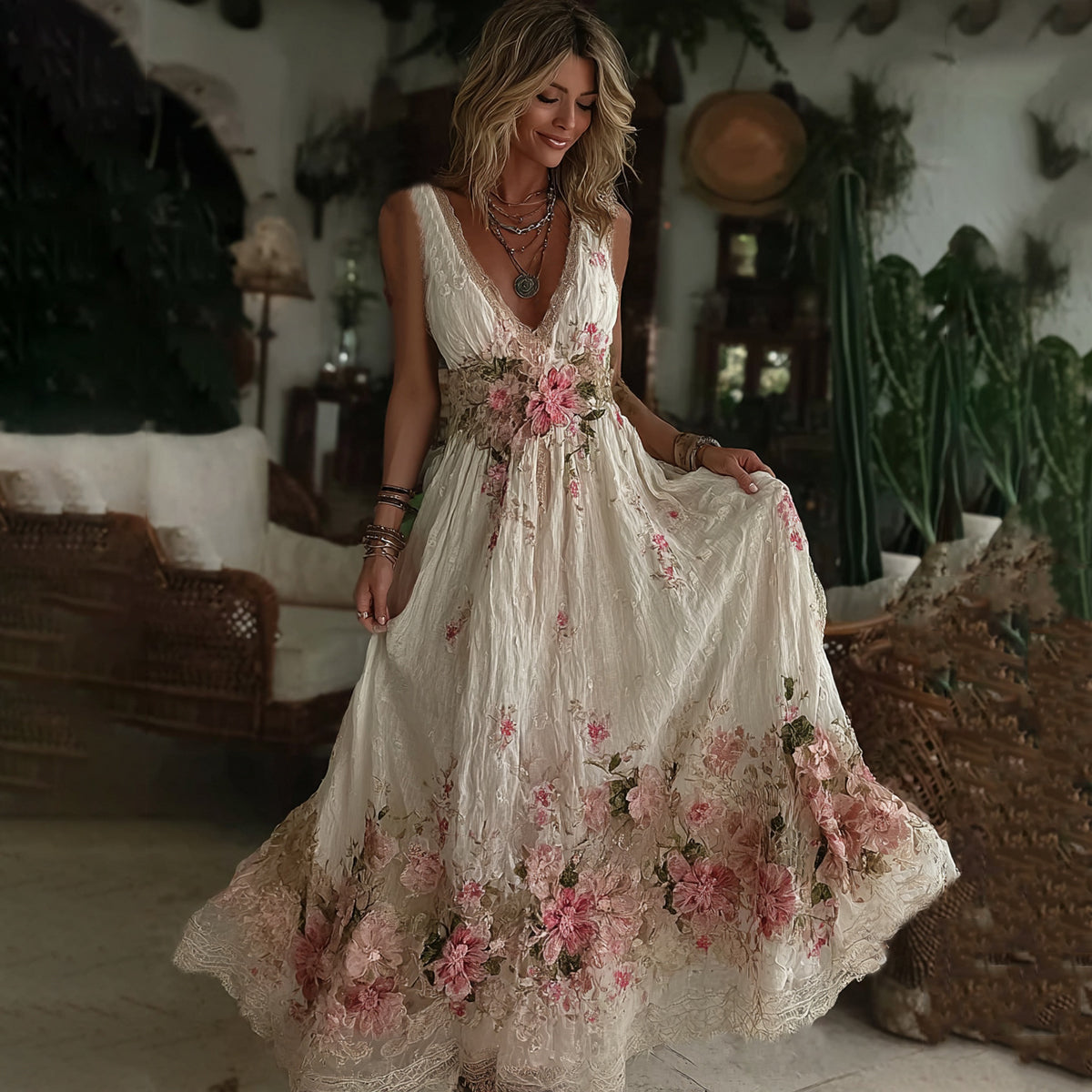 Vintage Floral Art Embroidered Linen Sleeveless Maxi Dress artswardrobe
