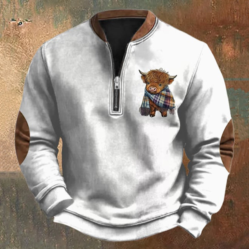 Men's Vintage Highland Cow Print Zip Collar Sweatshirt artswardrobe