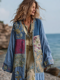 Comstylish Bohemian Style Plant And Flower Embroidery Printed Women's Cotton And Linen Long Cardigan