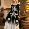 Comstylish Vintage Halloween Skeleton Bones With Roses Flowy Velvet Maxi Dress