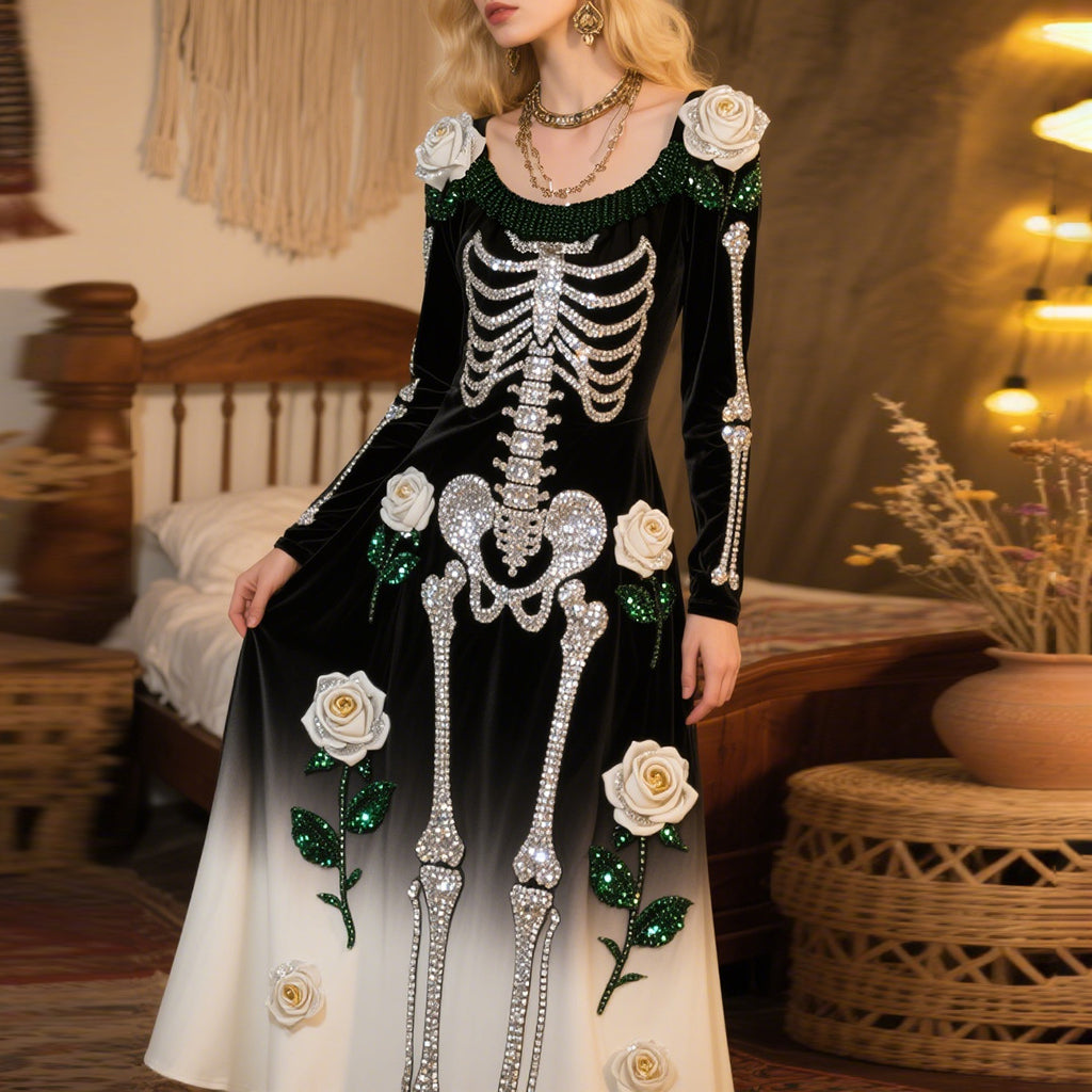 Comstylish Vintage Halloween Skeleton Bones With Roses Flowy Velvet Maxi Dress