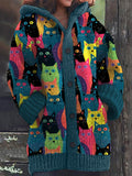 Colorful Cat Pattern Cozy Hooded Cardigan artswardrobe