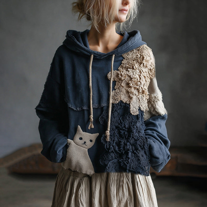 Vintage Boho Floral And Cute Cat Embroidered Patchwork Casual Hoodie