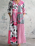 Women's V-Neck Vintage Geometric Rose Floral Print Dress with Pockets