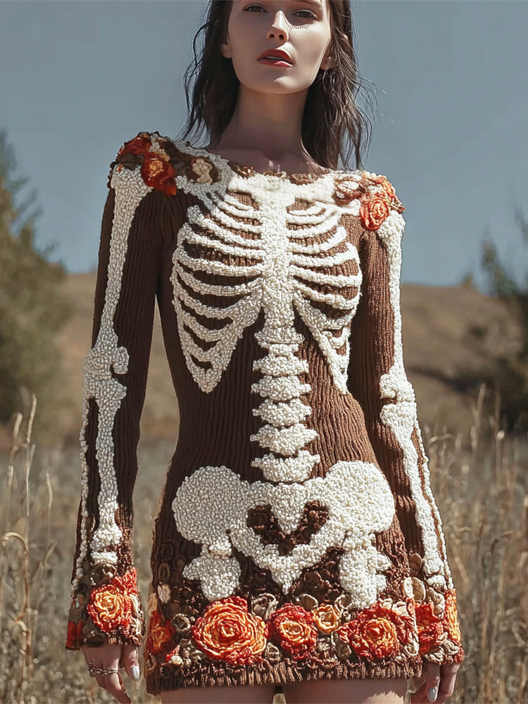 Comstylish Halloween Skeleton & Floral Art Women's Knit Mini Dress