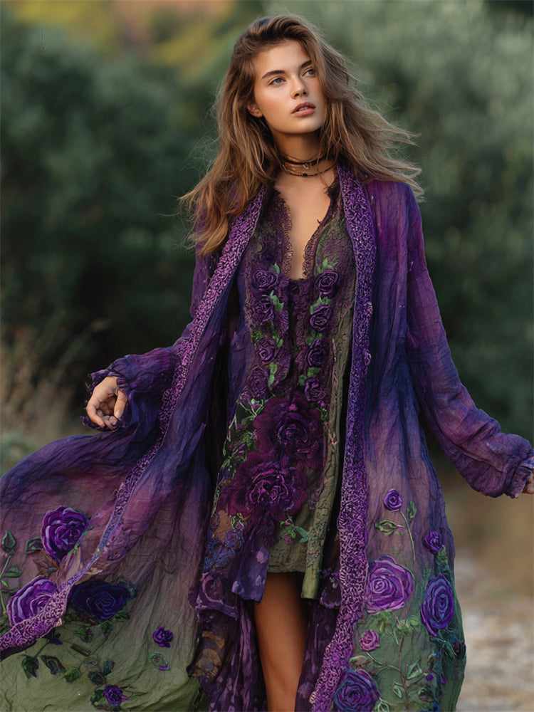 Vintage Purple Roses Embroidered Dyed Flowy Linen Cardigan artswardrobe