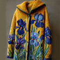 Vintage Irises Inspired Felt Embroidered Cozy Knit Hooded Cardigan
