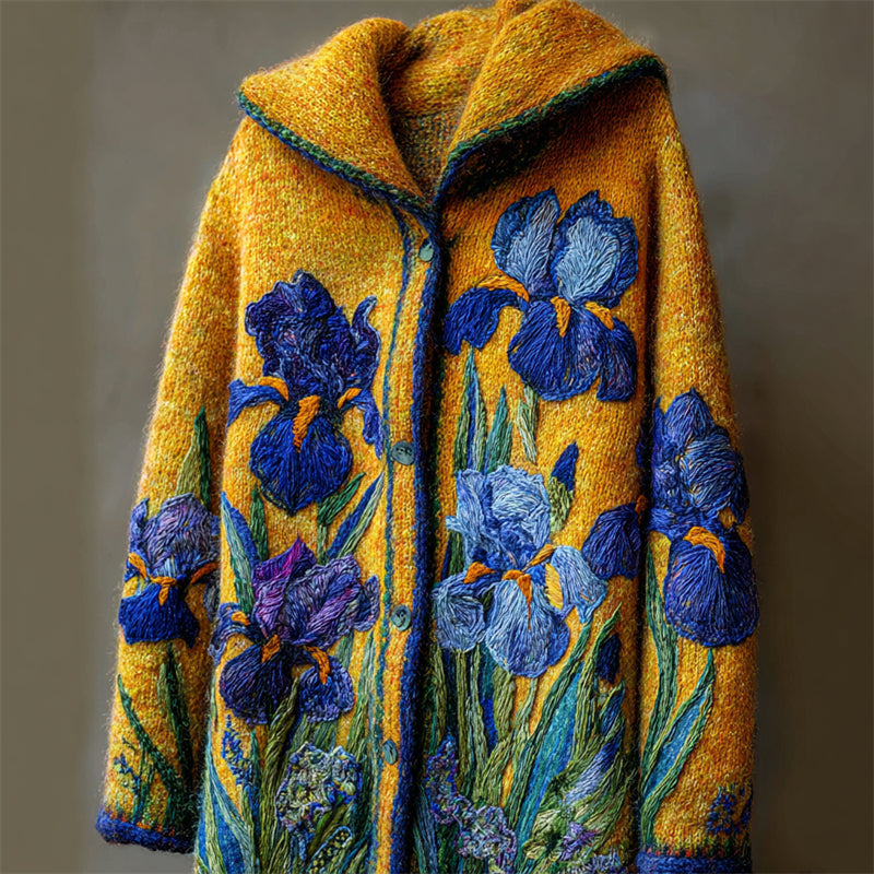 Comstylish Vintage Irises Inspired Felt Embroidered Cozy Knit Hooded Cardigan
