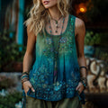 Vintage Classy Gradient Blue Rose And Floral Embroidered Pattern Linen V Neck Tank Top artswardrobe