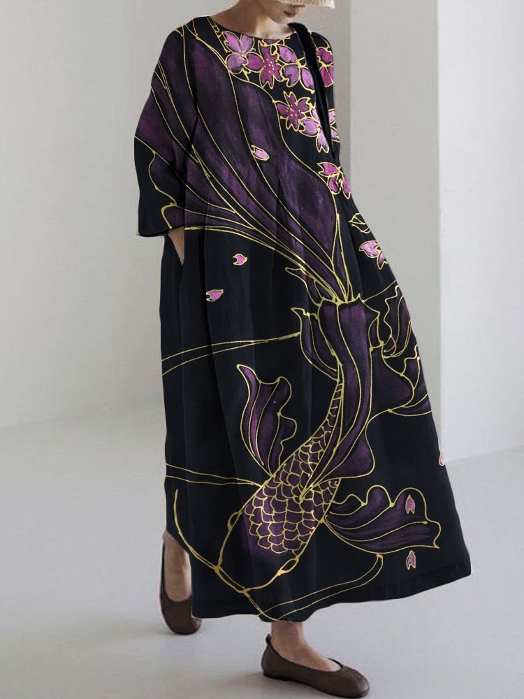 Comstylish Flowy Fish Cherry Blossom Japanese Art Linen Blend Maxi Dress