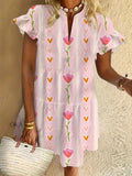 Flower Art Print Ruffled Short-sleeved V-neck Buttoned Dress Vacation Beach Dress