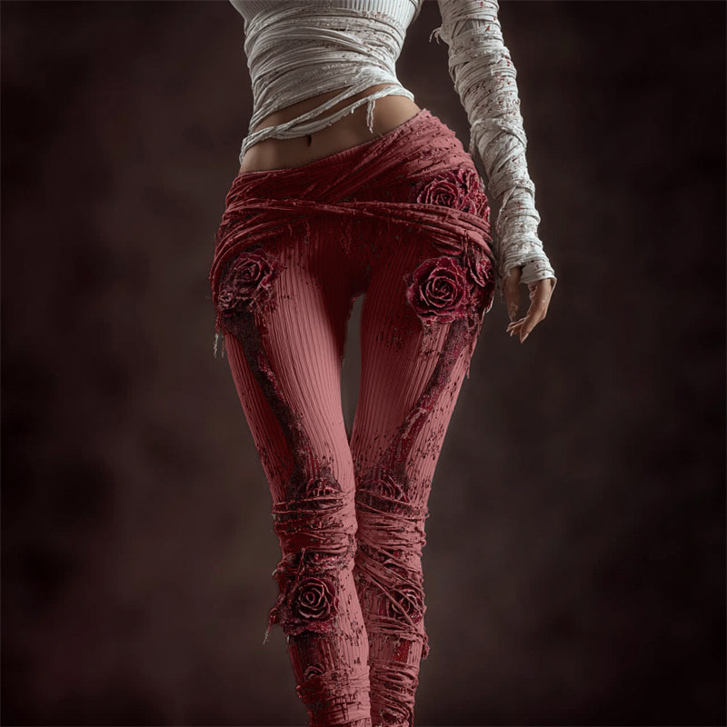 Comstylish Classy Skeleton Anatomy Bloody Roses Bandages Knit Leggings
