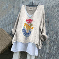 Women's Vintage Bird Embroidery Art Linen V-neck Shirt artswardrobe