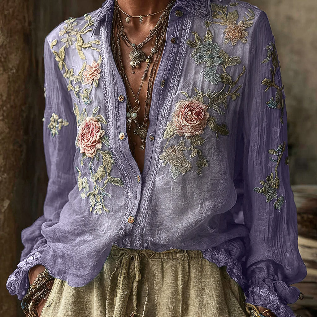 Women's Vintage Bohemian Floral Pattern Linen Long Sleeve Shirt artswardrobe
