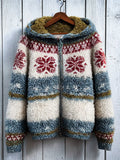 Vintage Winter Snowflakes Contrast Isle Cozy Hooded Fleece Jacket