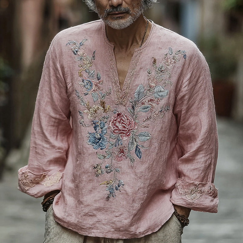 Men's Vintage Floral Embroidery Linen Shirt artswardrobe
