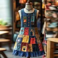 Pop Art Patchwork Cat Lace Denim Dress elevenforest