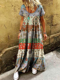 Women's Vintage Ethnic Patchwork Art Print Pocket Short Sleeve Cotton