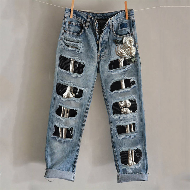 Comstylish Halloween Skeleton Anatomy White Roses Distressed Patched Jeans