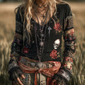 Comstylish Women's Patchwork Floral Skull Long-sleeved Vintage Top