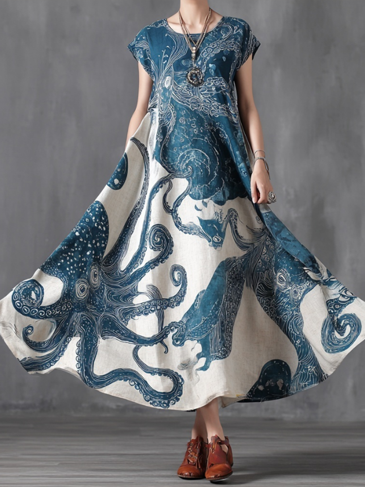 Comstylish Japanese Art Style Whale And Ocean Print Vacation Style Cotton And Linen Mid-length Dress