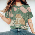 Comstylish Japanese Tabby Cat Eating Noodles Print Crew Neck Short Sleeve T-shirt