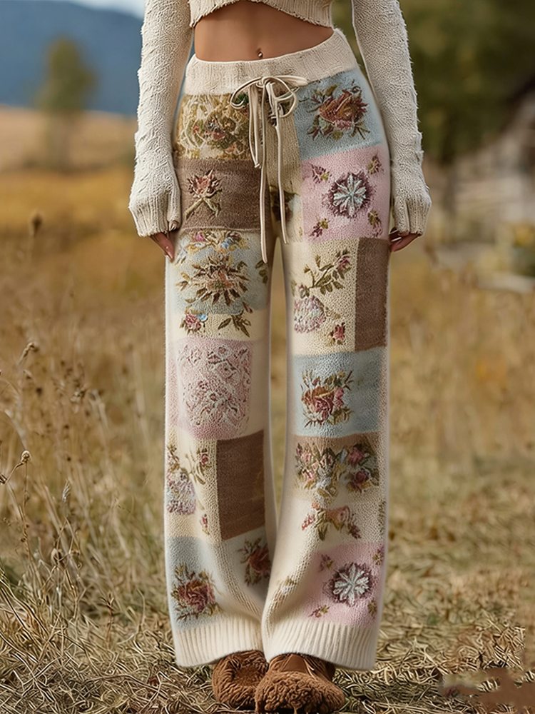 Comstylish Bohemian Style Women's Winter Warm Knitted Straight-leg Long Pants