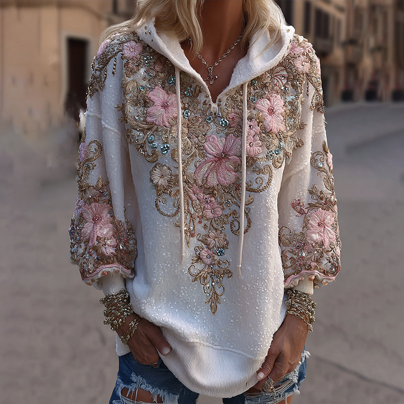 Comstylish Women's Classic Pink Floral Embroidery Art Comfy Hoodie