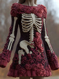 Vintage Skeleton Roses Crew Neck Cozy Sweater Dress artswardrobe