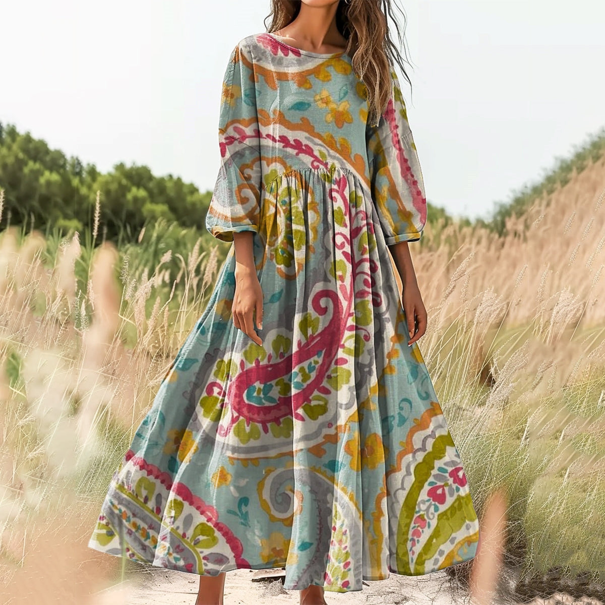 Women's Floral Embellished Pattern Art Print Cotton Crew Neck Dress