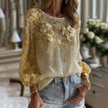 Comstylish Women's Classic Bohemian Yellow Floral And Gold Roses Embroidery Art Linen Blend Round Neck T-shirt