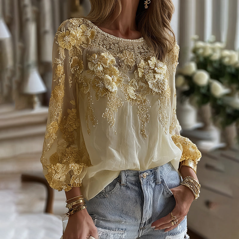 Comstylish Women's Classic Bohemian Yellow Floral And Gold Roses Embroidery Art Linen Blend Round Neck T-shirt