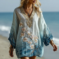 Vintage Gradient Marble Texture And  Cherry Blossoms Pattern Linen Dress artswardrobe