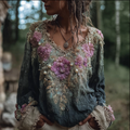Comstylish Bohemian Style Round Neck Long Sleeve 3d Purple Flower Design Cotton And Linen Top For Women