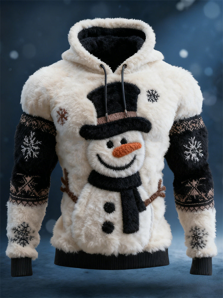 Comstylish Men's Christmas Snowman Snowflakes Contrast Cozy Plush Hoodie